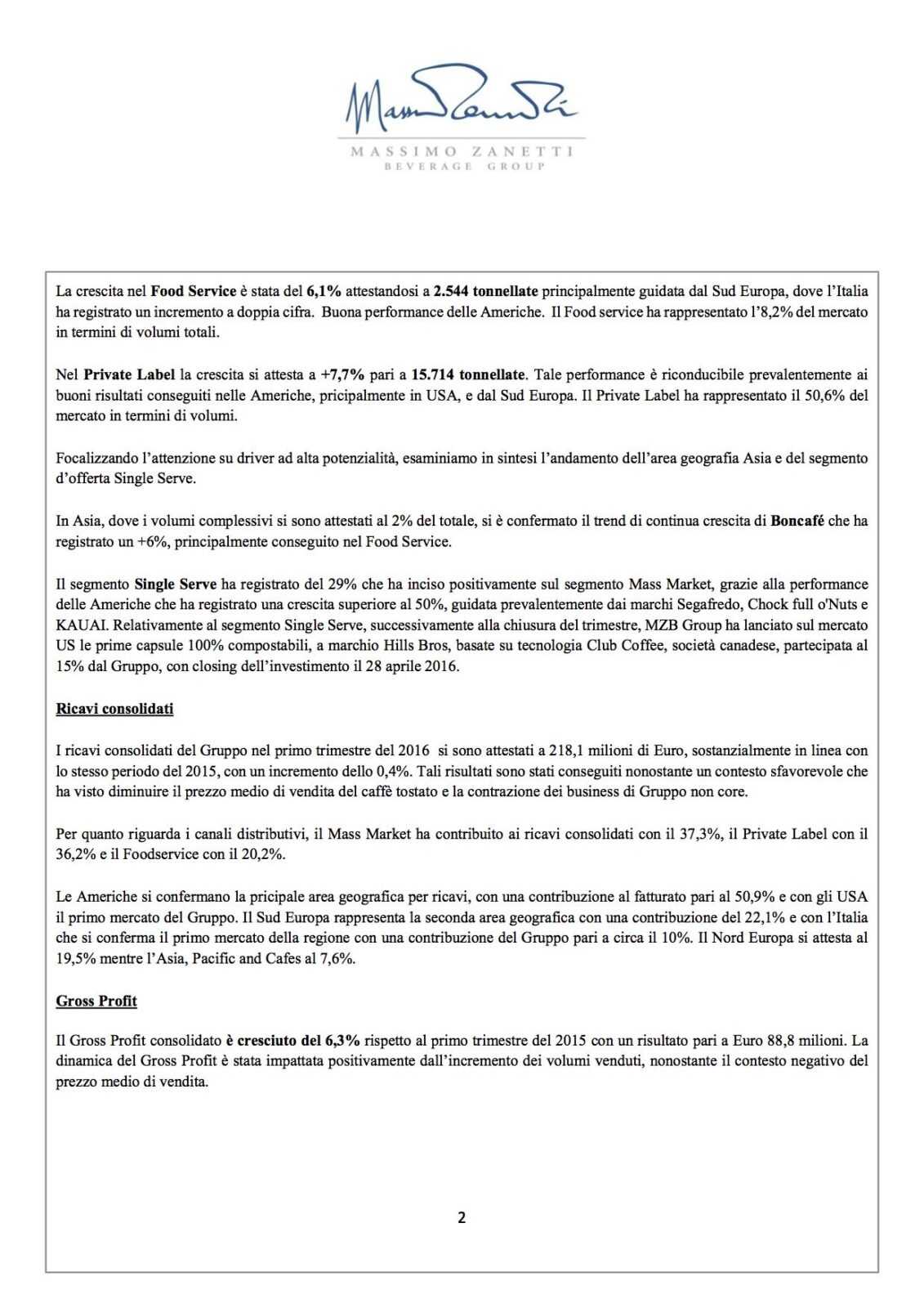 2 Q1 2016 Comunicato Stampa