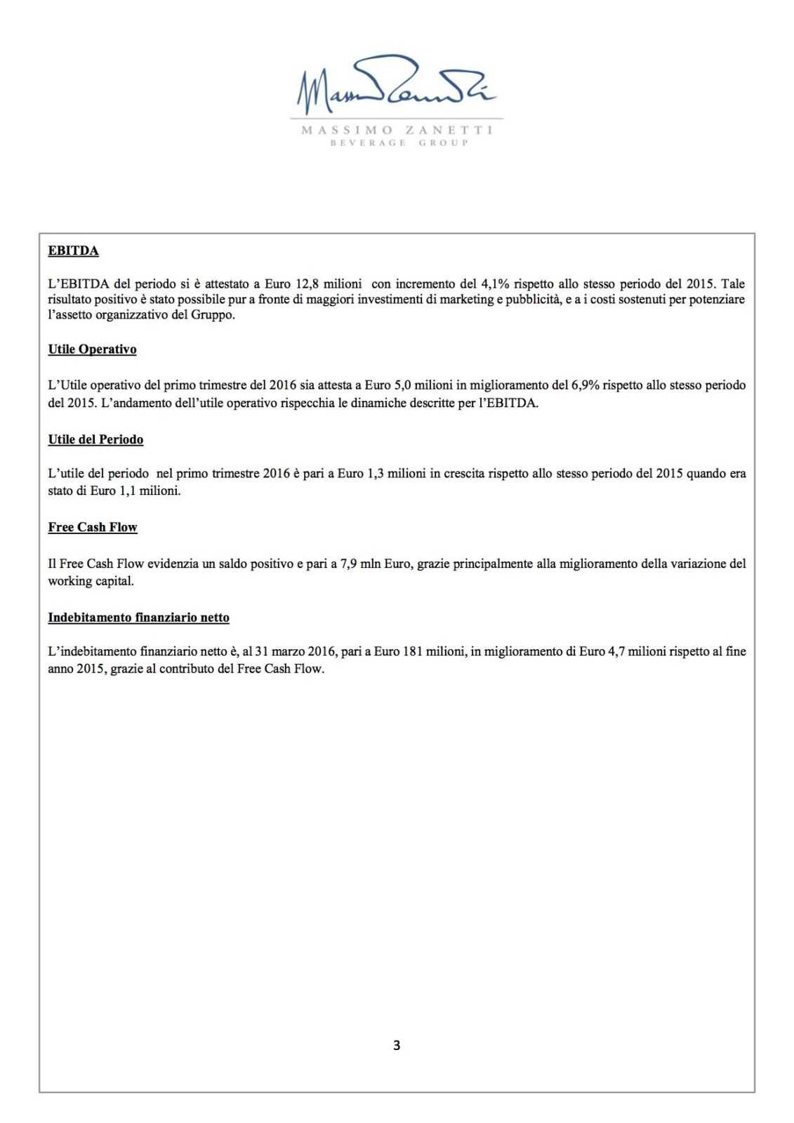 3 Q1 2016 Comunicato Stampa