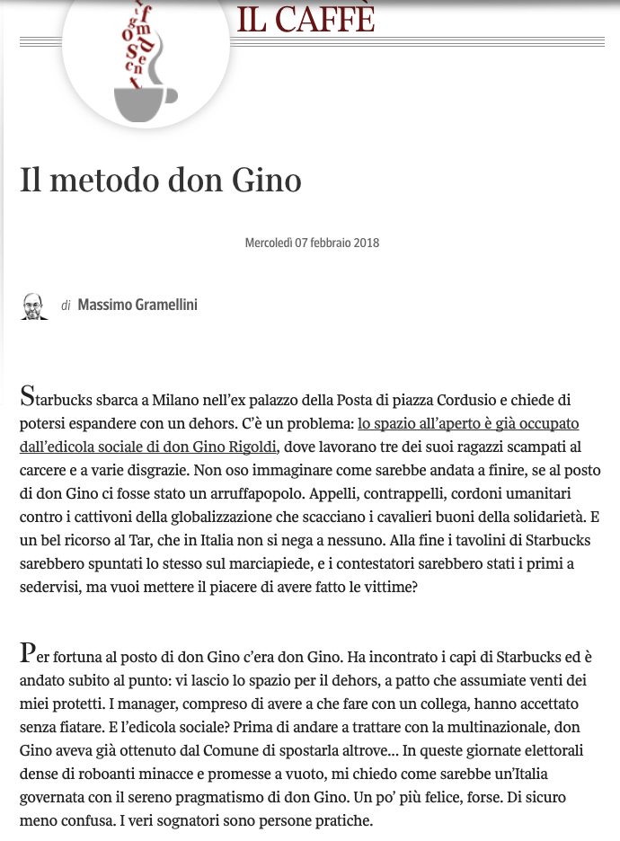 L'articolo di Massimo Gramellini intitolato Il metodo di don Gino così come è apparso su www.corriere.it