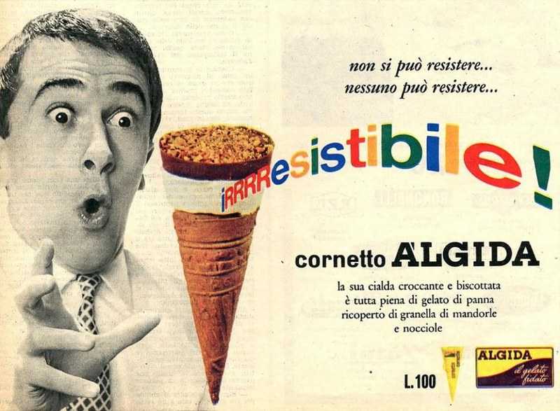 Una delle prime pubblicità del Cornetto Algida. Lire 100.