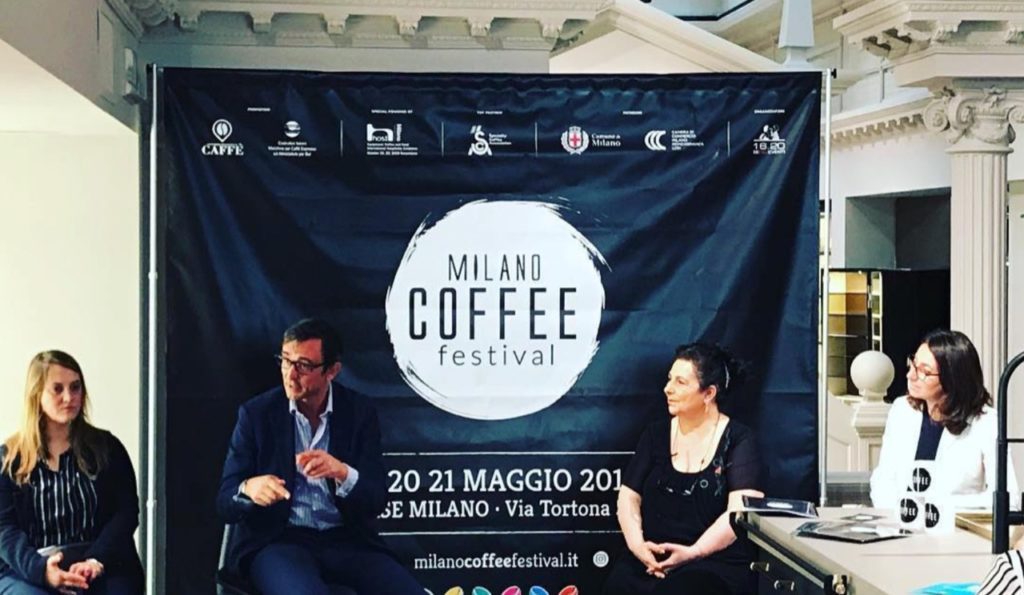 Una immagine dalla conferenza stampa del Milano Coffee Festival di cui Sca Italy e Top partner. Da sinistra Naomi Costantini, Patrick Hoffer, Cristina Caroli, Simona Colombo