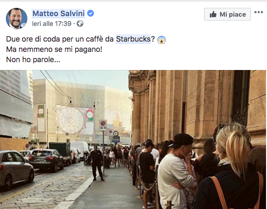 Dalla pagina Facebook di Matteo Salvini il giudizio urticante su Starbucks e i cittadini in coda
