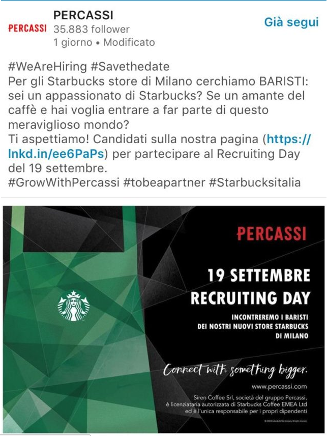 L'annuncio di lavoro per le caffetterie tradizionali di Starbucks che saranno gestite dal Gruppo Percassi di Bergamo