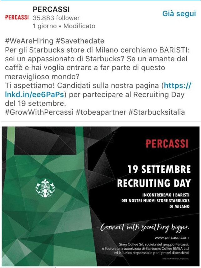 L'annuncio di lavoro per le caffetterie tradizionali di Starbucks che saranno gestite dal Gruppo Percassi di Bergamo