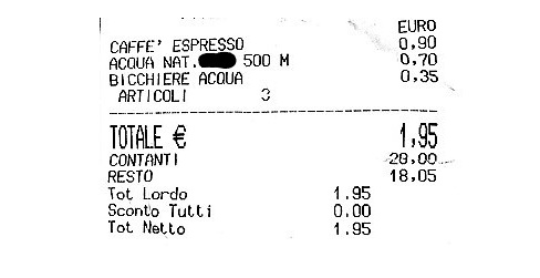 Lo scontrino emesso per riscaldare l'acqua del biberon al bar