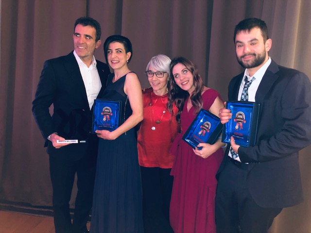 Il podio dei tre baristi più bravi d'Italia: da sinistra Andrea Mascetti direttore commerciale della Rancilio, Elisa Urdich, Nadia Rossi che ha coordinato tutte le premiazioni a tema caffè dei barawards 2018, Elisabetta Paviglianiti e Dario Fociani