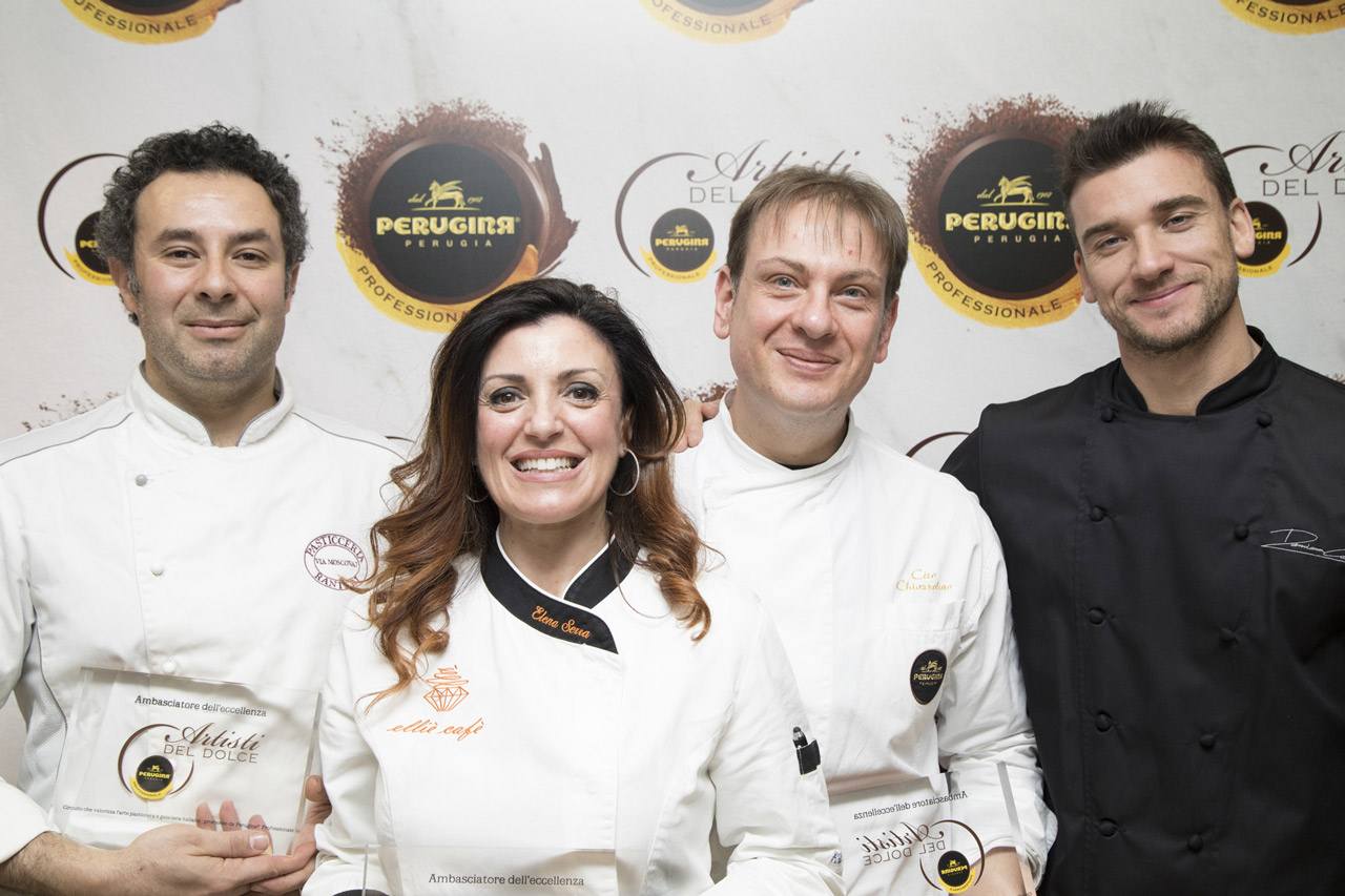 Gli artisti del dolce alla presentazione Perugina Professionale. Da sinistra, Maurizio Rana, Elena Serra, Ciro Chiazzolino e Damiano Carrara, pastry-chef e volto di Bake Off Italia