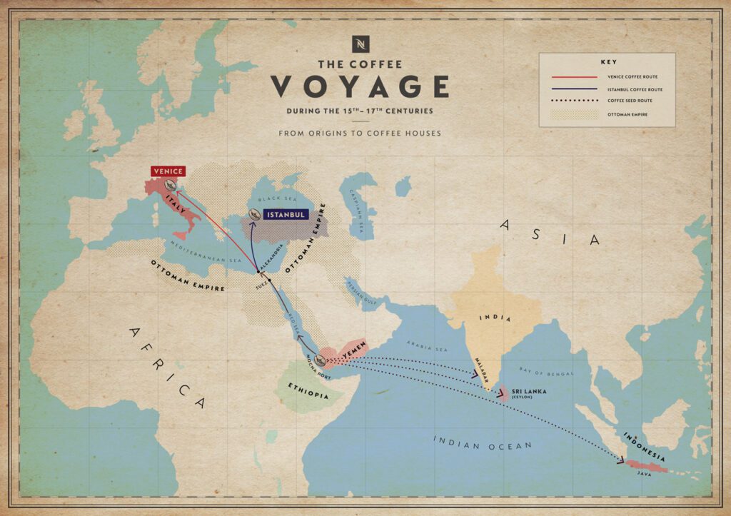 Le rotte dal caffè dall'Etiopia alla Penisola Arabica a Venezia e Istanbul